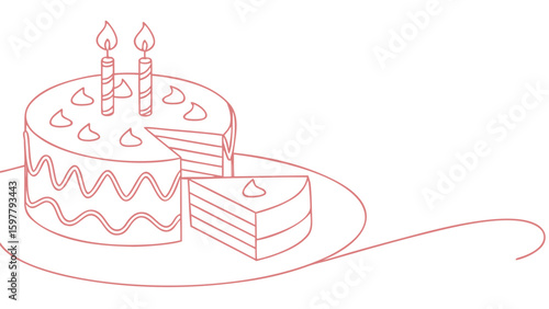 A simple line drawing of a pink birthday cake with two lit candles and a slice cut out presented on a white background with a decorative flourish