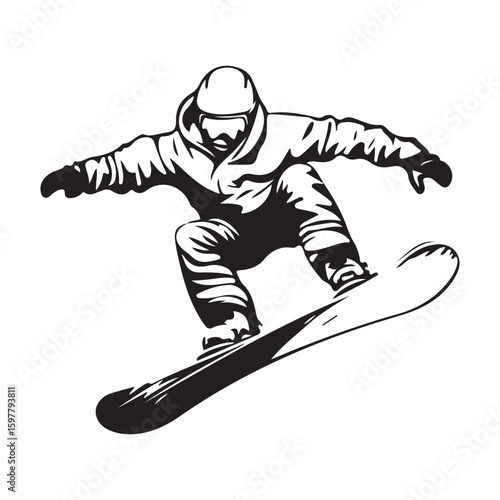 Dynamic vector illustration of snowboarding sport, featuring a snowboarder in action on a snowy mountain slope isolated on a white background
