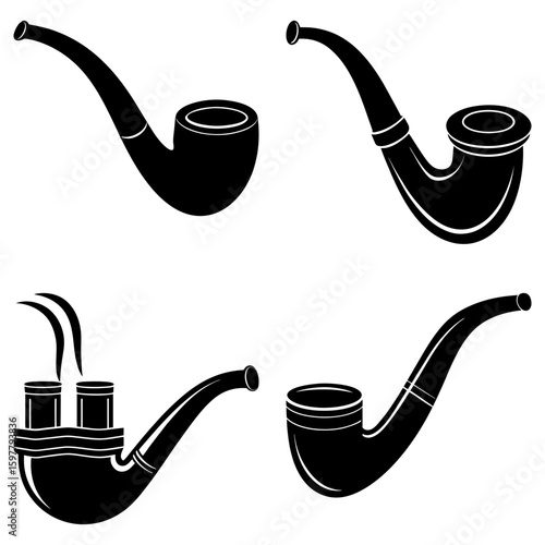 Illustration of four black tobacco pipes with distinct designs on a white background display image