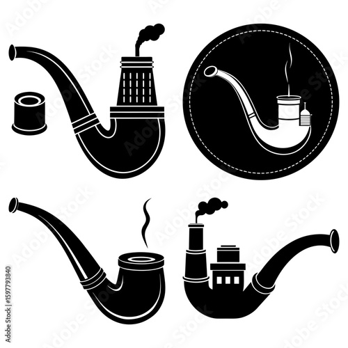 Collection of stylized smoking pipes in black and white with varied designs and smoke effects shown