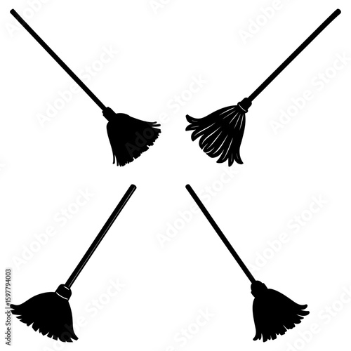 Four black mops arranged symmetrically on a white background creating a cleaning pattern design