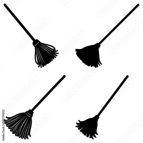 Four black mop silhouettes with long handles and mop heads on a white background in a simple illustration