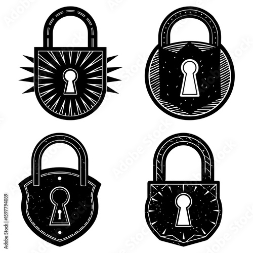 Collection of four different black and white vintage style lock icons with keyholes and varying designs