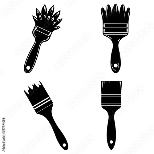 Illustration of four different black paint brushes with varying bristle styles and handle designs