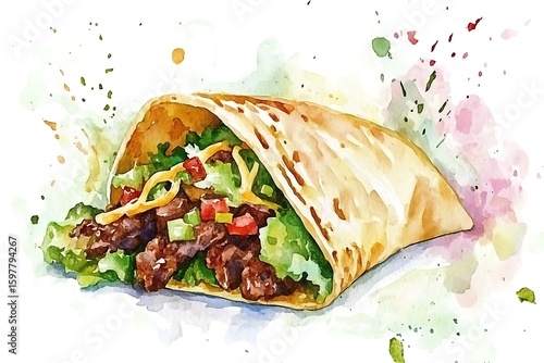 Watercolor illustration of a delicious burrito filled with meat lettuce and cheese