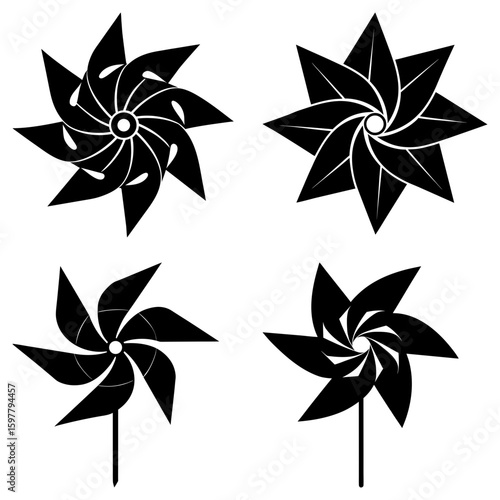 Four black pinwheel illustrations with varying blade designs on a white square background image style