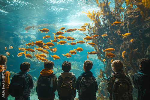 Children Observing Colorful Fish Swimming in an Aquarium Tank

