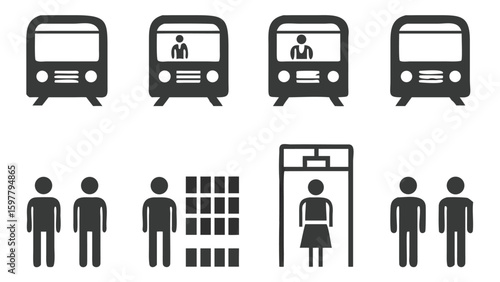 Pictograms Illustrating Subway Transportation, People, and Security Measures, Featuring Trains, Passengers, Luggage, and Security Scanner for Safety Compliance