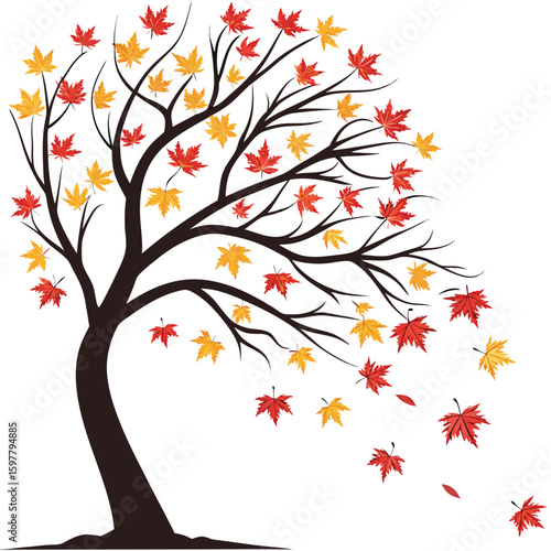 Autumn tree with exploding leaves isolated on white background