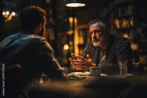 Men engage in a heartfelt discussion late at night in a cozy, softly lit cafe setting