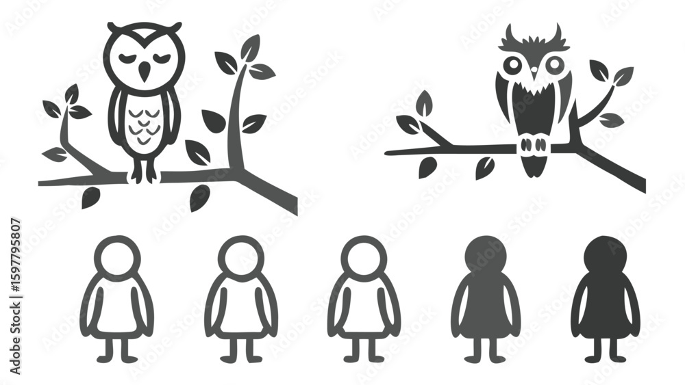 Naklejka premium Stylized Vector Graphics Featuring Owls on Branches and Abstract Human-like Figures Depicted with Minimalist Outlines and Flat Shapes