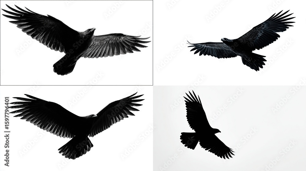 Fototapeta premium Four images of soaring raven silhouettes against bright white backgrounds