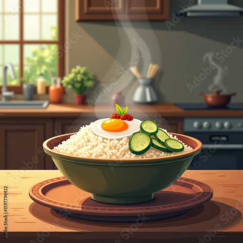 Egg Rice Bowl in a Cozy Kitchen Setting, Digital Illustration, Warm and Inviting Atmosphere