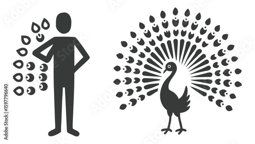 Stylized Depiction of a Human Figure Conjuring Bird Feathers Alongside an Elegant Peacock Displaying its Magnificent Plumage and Eye Spots