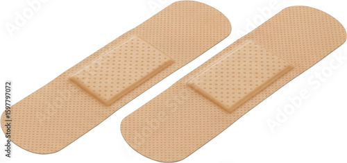 Two beige fabric bandages with clear plastic pads close up view isolated transparent background