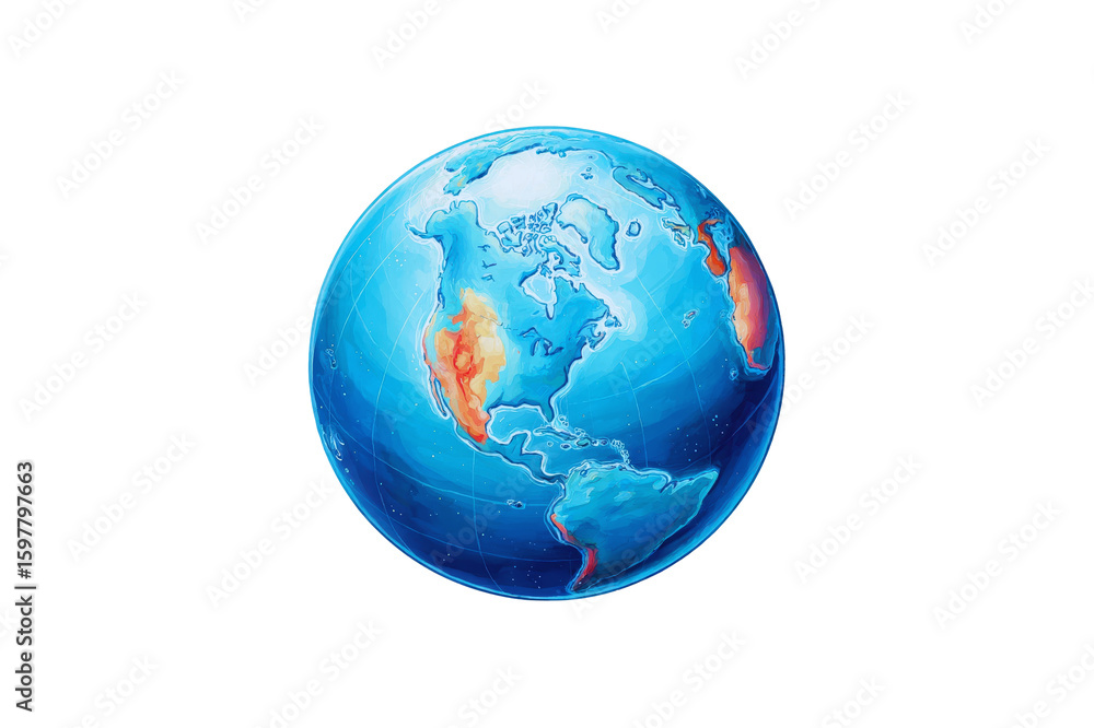 Fototapeta premium Globe illustration with North and South America showing elevation via color variations in orange and blue