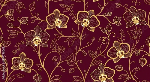 Elegant golden orchid floral pattern on burgundy background, seamless vector design creates