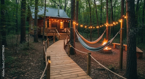 Cozy cabin in the woods with hammocks and fire pit
