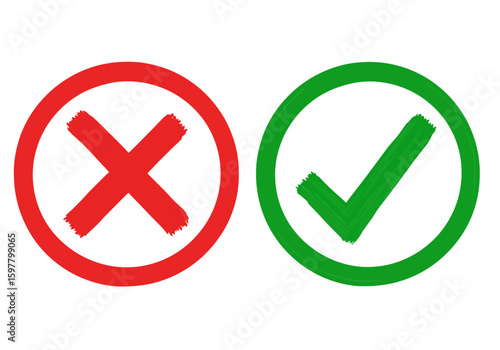 Visual representation of a red cross mark and a green check mark symbolizing negation and affirmation against a white background
