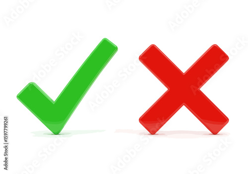 A green check mark signifying approval and a red cross indicating disapproval displayed side by side on a white background representing correct and incorrect choices