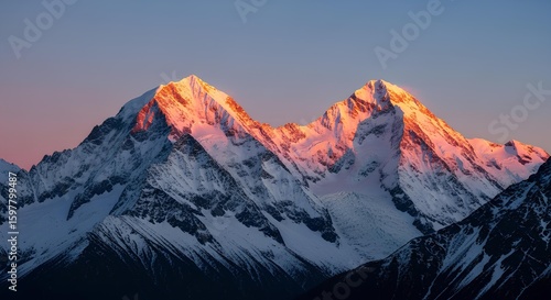 Majestic mountain peaks aglow with vibrant alpenglow hues at golden hour alpine scenery