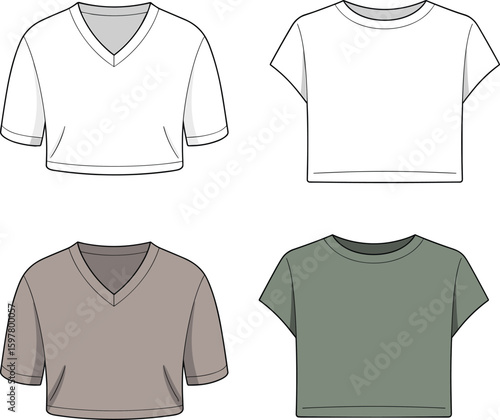 Crop top technical drawing, front view fashion sketch, V-neck and crew neck short sleeve, flat vector template, clothing design