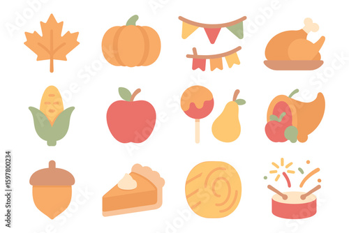Autumn harvest vector illustration: seasonal icons for thanksgiving design - flat style