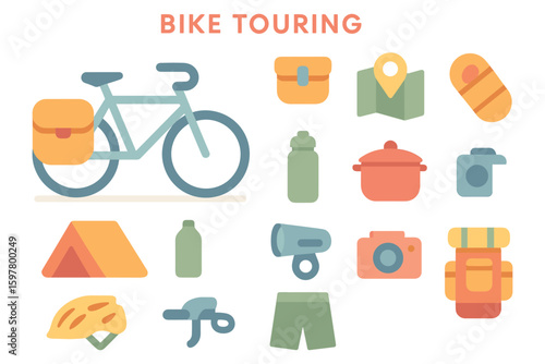 Bike touring essentials vector illustration - flat style design for posters and guides