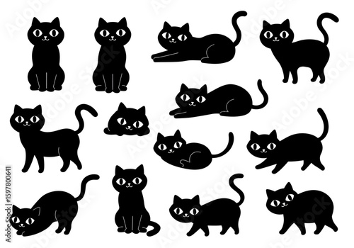 A Charming Collection of Adorable Black Cats Showcasing Various Playful and Relaxed Poses Perfect for Whimsical Designs