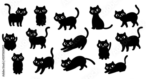 A Whimsical Collection of Adorable Black Feline Companions in Various Playful Poses Depicted in a Charming Cartoon Style