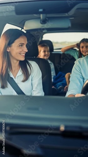 Happy family with children enjoying a road trip together in their car, representing family bonding, travel, vacation and the joy of shared memories