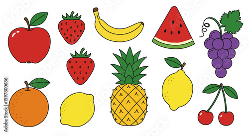 A Collection of Fresh Ripe Fruit Featuring Apples Strawberries Bananas Watermelon Grapes Pineapple Oranges Lemons and Cherries for Healthy Eating