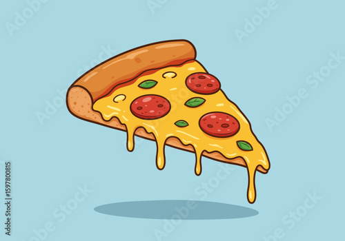 Delicious cheesy pepperoni pizza slice with melted cheese dripping onto a light blue background with a subtle shadow below