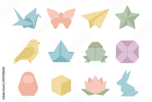 Origami vector illustration set: pastel animal and object designs for print and decor in flat style