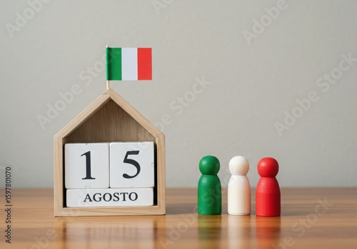 Italian family celebrating ferragosto holiday with italian flag and calendar
