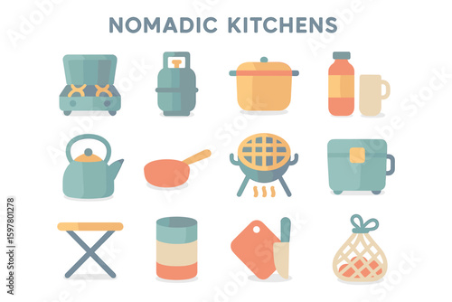 Nomadic kitchens vector illustration: camping essentials in flat style for design and print
