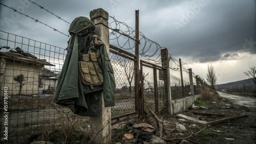 Torn Combat Uniform Draped on Ruined Fence Post in a Dimly Cloudy Skies Landscape