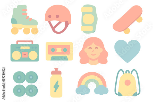 1980s retro icons vector illustration: nostalgic design for fashion, music, and leisure in flat style