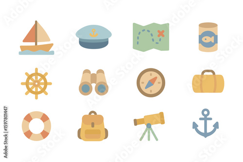 Nautical adventure travel icons vector illustration: design for print, posters, flat style