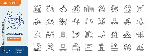Landscape line editable icon set. Containing mountain, sea, lake, river, forest, beach, desert, field, island, volcano, waterfall, and more. Editable stroke. Vector illustration