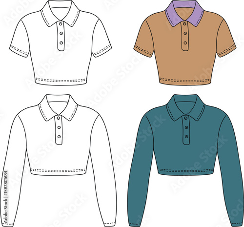 Women polo crop shirt design, front view, long sleeve, short sleeve, color contrast collar, flat sketch, fashion vector illustration