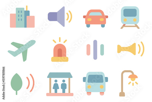 Urban soundscapes vector illustration: minimalist icons for city life concepts