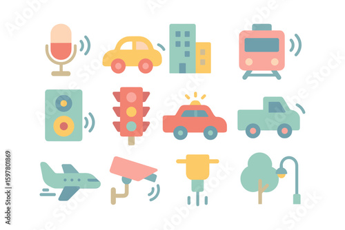 Urban soundscapes vector illustration: flat style icons for design and multimedia projects