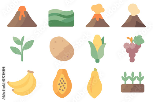 Volcanic farming icons vector illustration for agricultural design in flat style