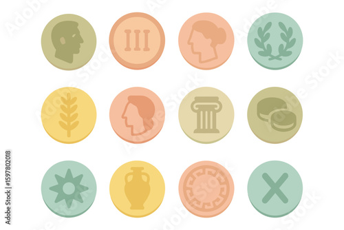 Ancient coin icons vector illustration: historical symbolism for graphic design, flat style