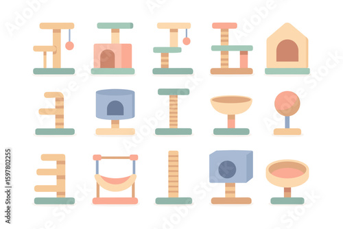 Flat style vector illustration of cat tree and castle icons for pet design