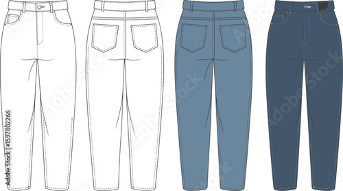 Straight leg denim pants flat sketch, front and back view, fashion vector, jeans design template, women trousers technical drawing