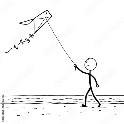 Stick figure flying a kite on the beach during daytime  