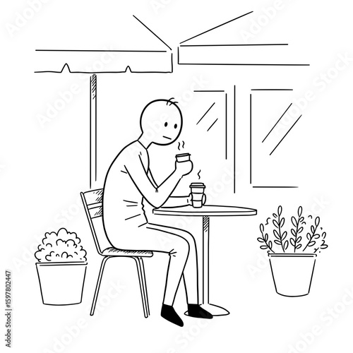 Person sitting at cafe table sipping coffee with plants around  