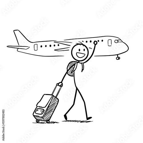 Stick figure smiling while dragging a suitcase at the airport - Travel Concepts  